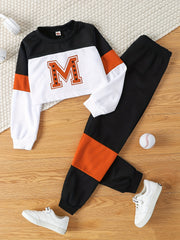 Girl's Letter M Pattern 2pcs Sweatshirt & Sweatpants Set