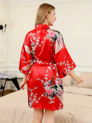 Floral Print Night Robe 3 4 Sleeve V Neck Robe Women's Sleepwear