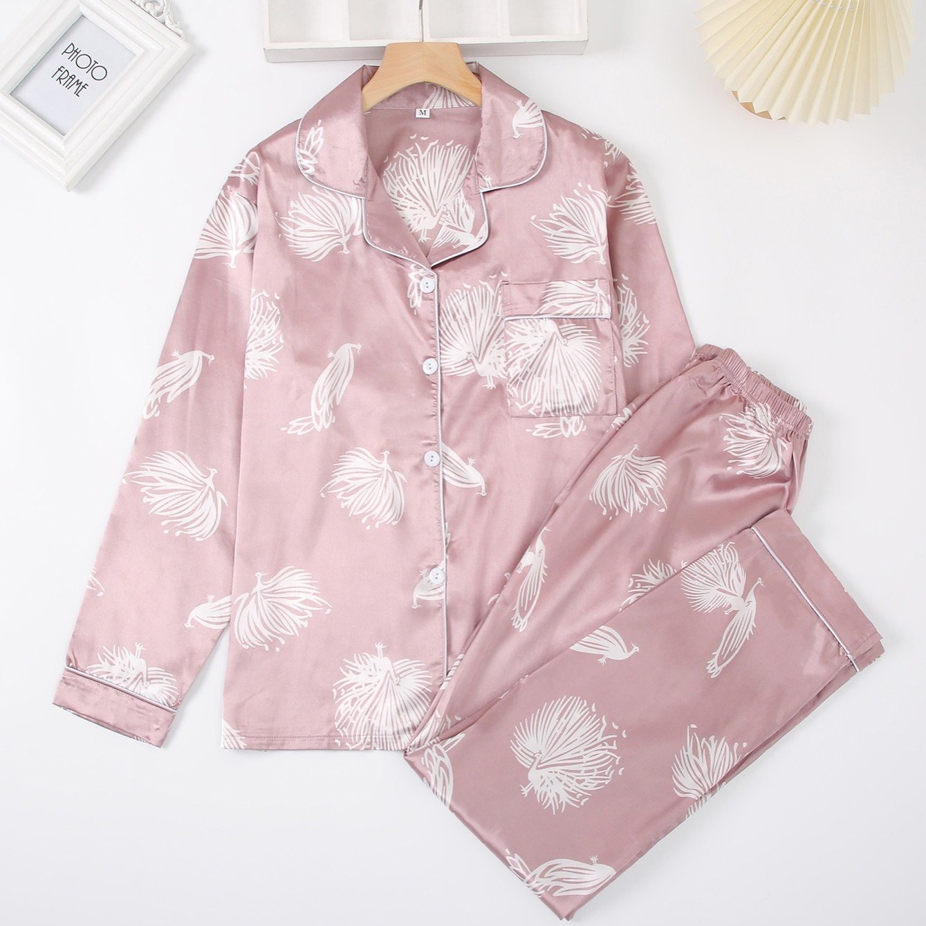 Satin Floral Print Pajama Set Long Sleeve Tops & Pants