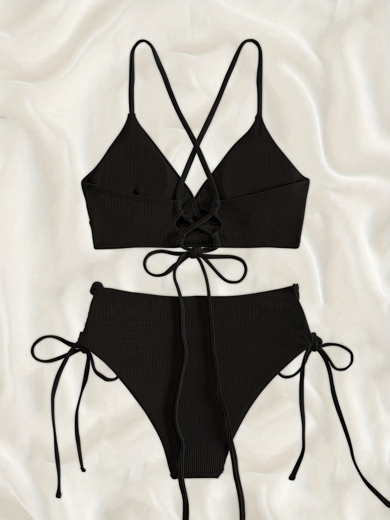Rib Knit Bikini Set with Criss Cross Straps and Tie Side