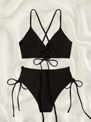 Rib Knit Bikini Set with Criss Cross Straps and Tie Side