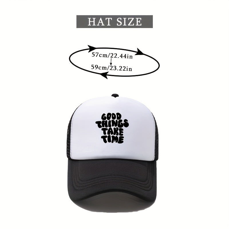 Unisex Block Trucker Hat GOOD THINGS TAKE TIME Print Mesh Baseball Cap