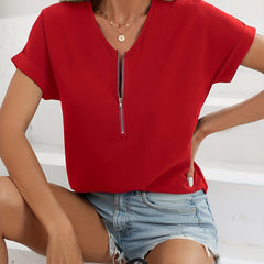 Solid Zipper Blouse Crew Neck Short Sleeve Casual Top