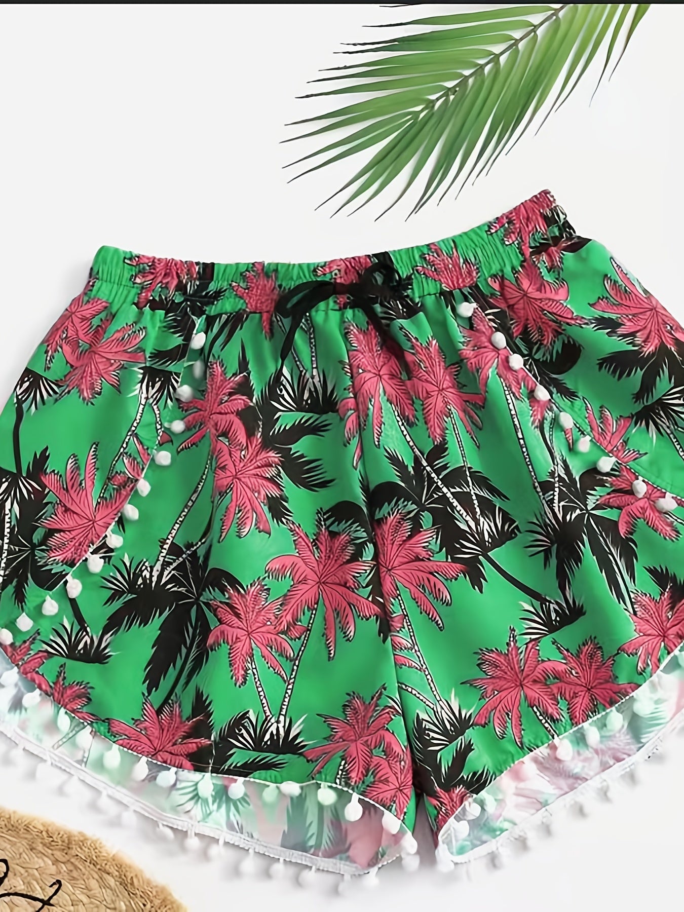 Vacay Shorts Women's Plus Tropical Print Mini Bow Pompom Trim