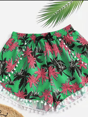 Vacay Shorts Women's Plus Tropical Print Mini Bow Pompom Trim