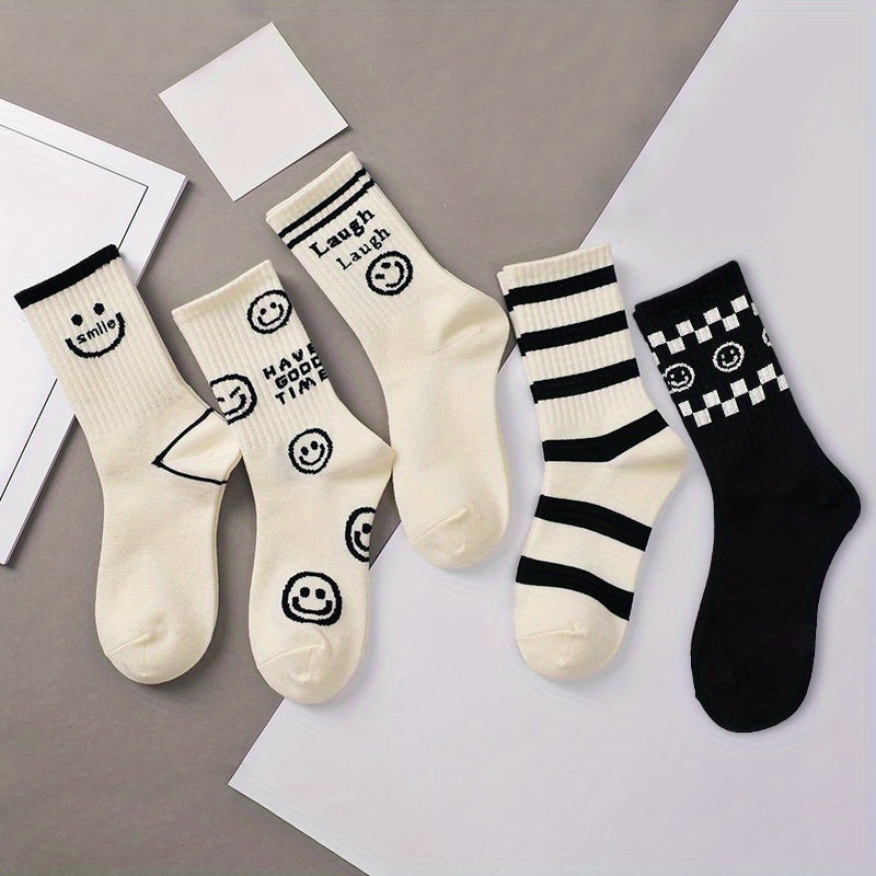 Smiling Face Print Socks in 8 Pairs Mid Tube Women's Stockings