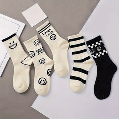 Smiling Face Print Socks in 8 Pairs Mid Tube Women's Stockings