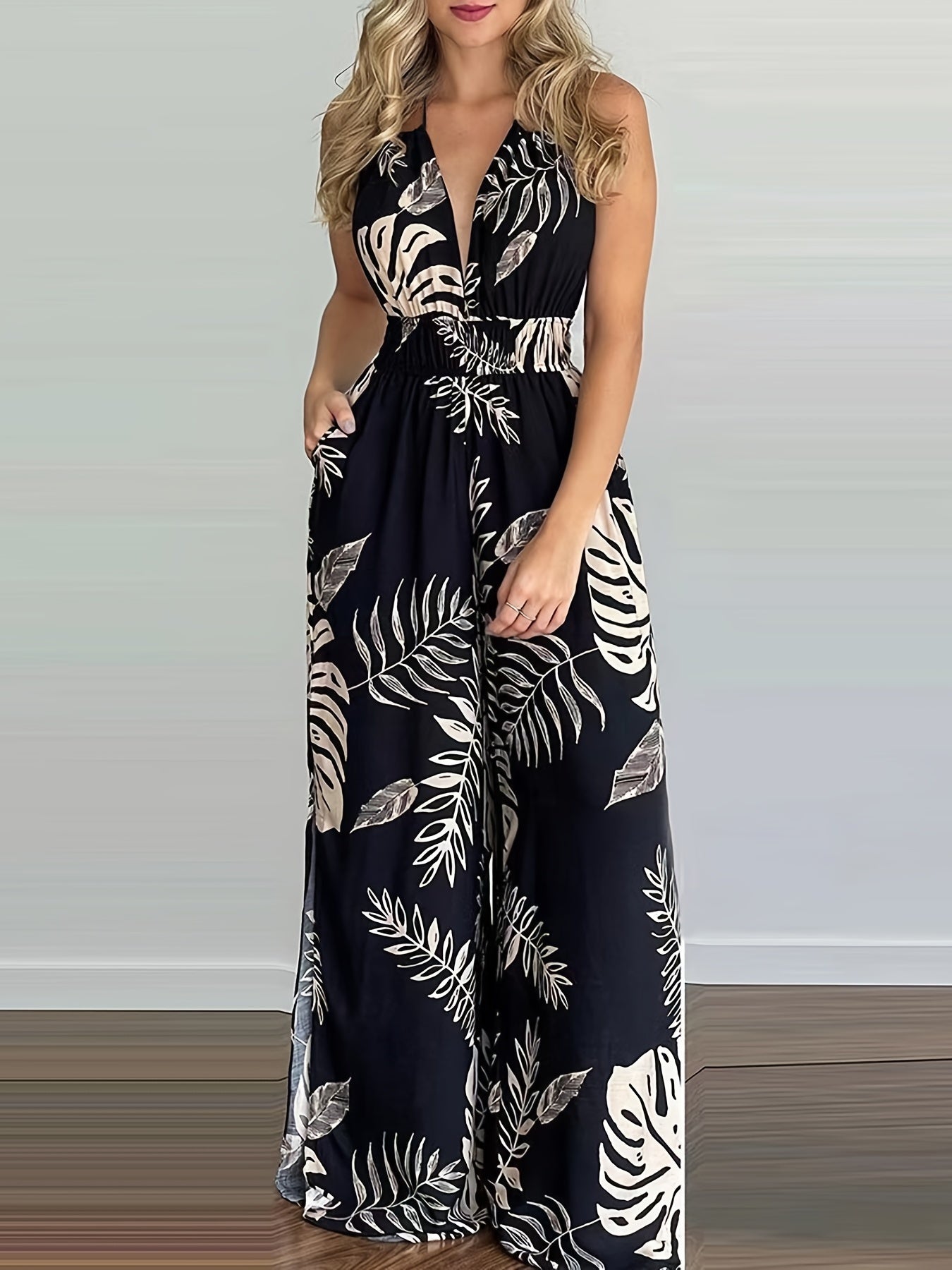 Boho Tropical Print Halter Neck Jumpsuit Backless Side Split
