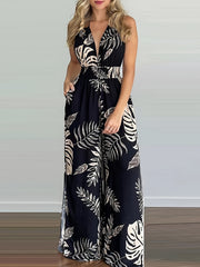 Boho Tropical Print Halter Neck Jumpsuit Backless Side Split