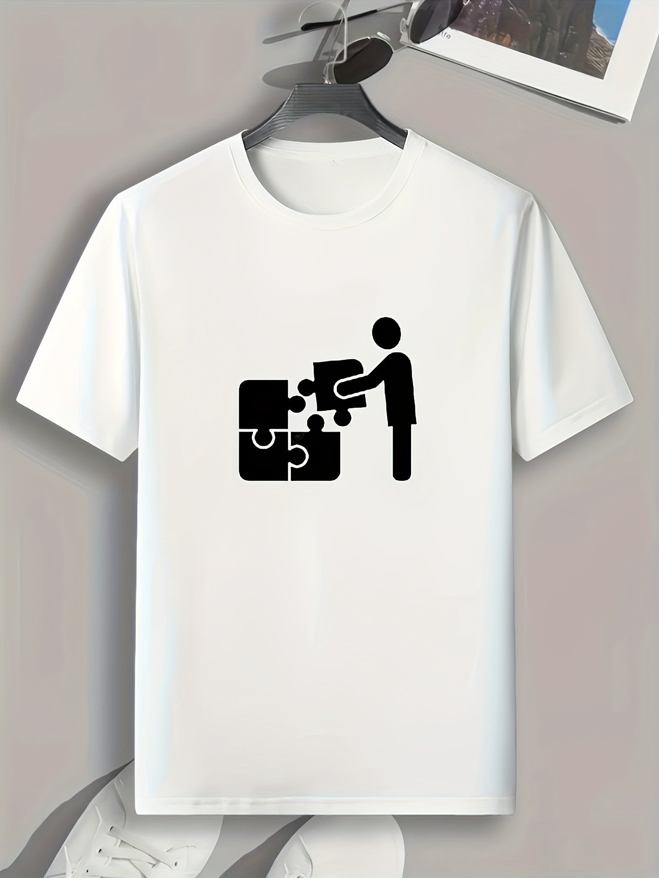 Puzzle Pattern Print Men's Comfy Sports T shirt Graphic Tee