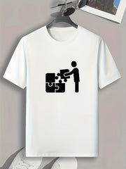 Puzzle Pattern Print Men's Comfy Sports T shirt Graphic Tee