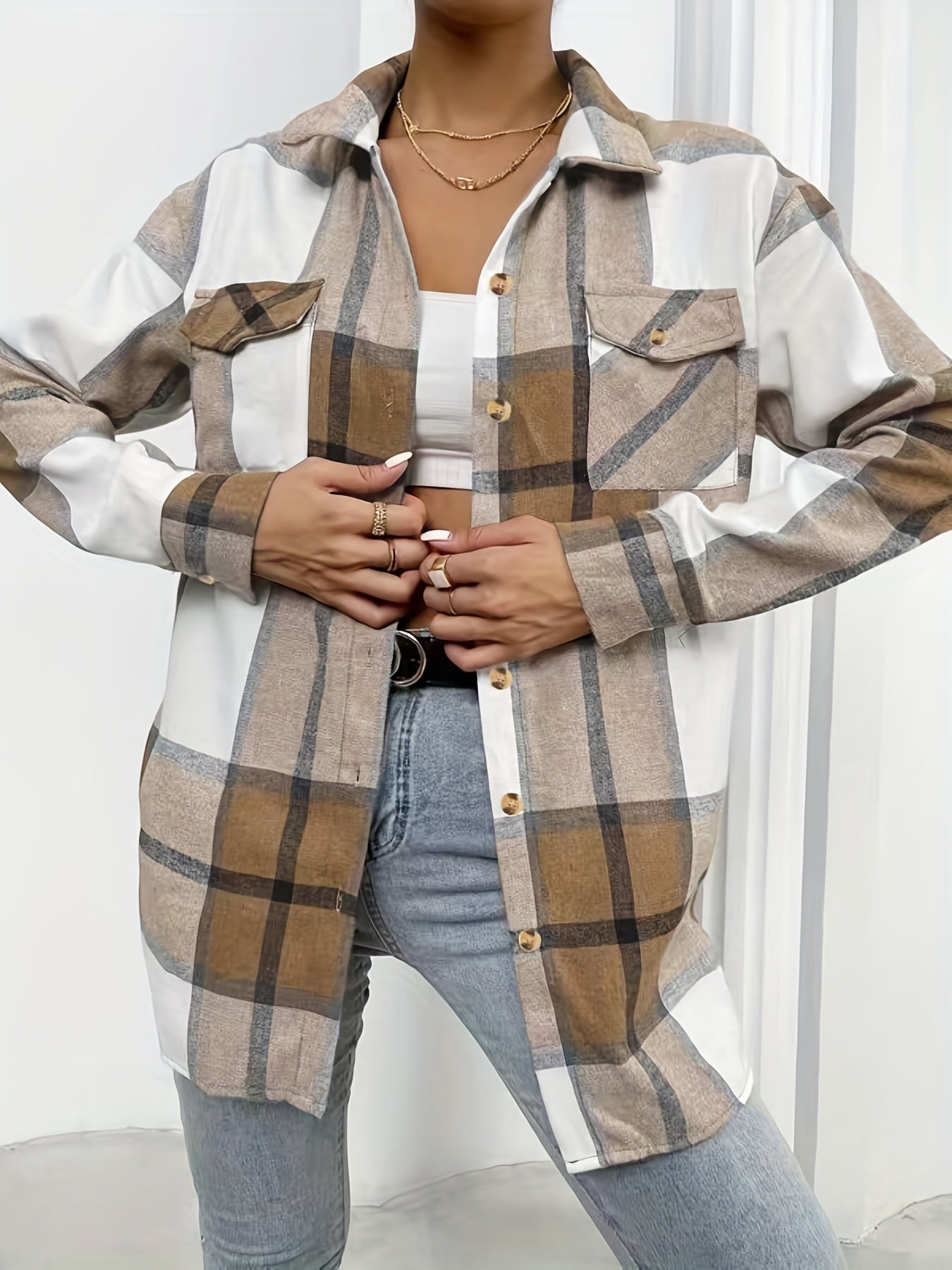 Plaid Print Shacket Jacket Button Front Long Sleeve