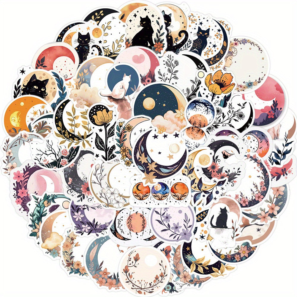 50pcs Moon Flower Cat Cartoon Stickers PVC Decals for Luggage Guitar Car Skatebo