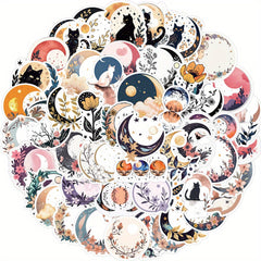50pcs Moon Flower Cat Cartoon Stickers PVC Decals for Luggage Guitar Car Skatebo