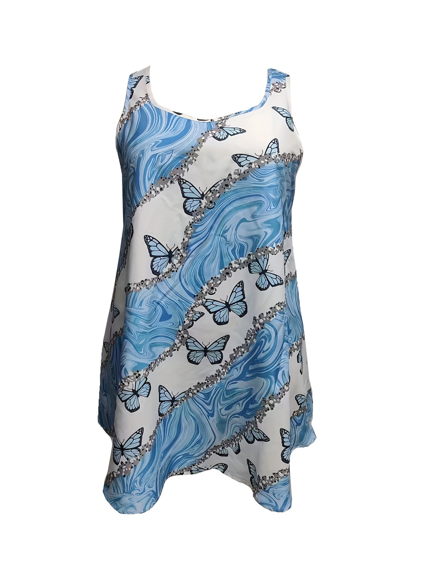 Boho Tank Top Women's Plus Butterfly & Stripe Print V Neck