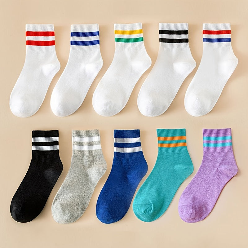 10 Pairs Striped Sports Socks Comfy & Breathable All match Socks Women's