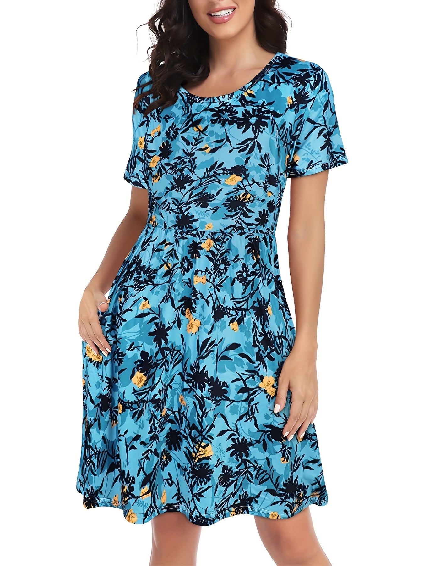 Floral Print Dress Casual Crew Neck Short Sleeve Random Printing Dress