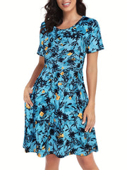 Floral Print Dress Casual Crew Neck Short Sleeve Random Printing Dress