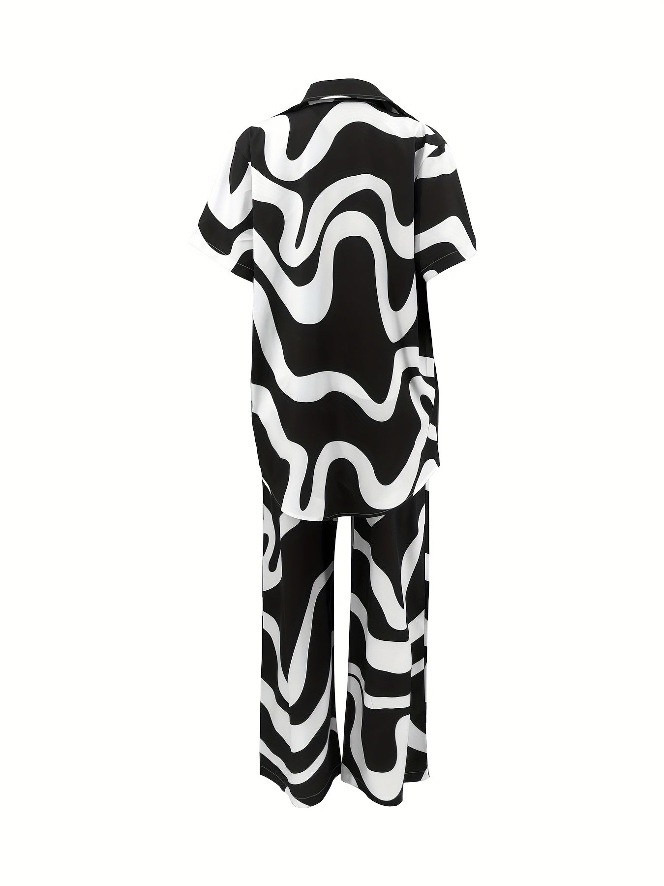 Abstract Print 2pc Set Open Front Short Sleeve Tops & Wide Leg Pant