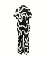 Abstract Print 2pc Set Open Front Short Sleeve Tops & Wide Leg Pant