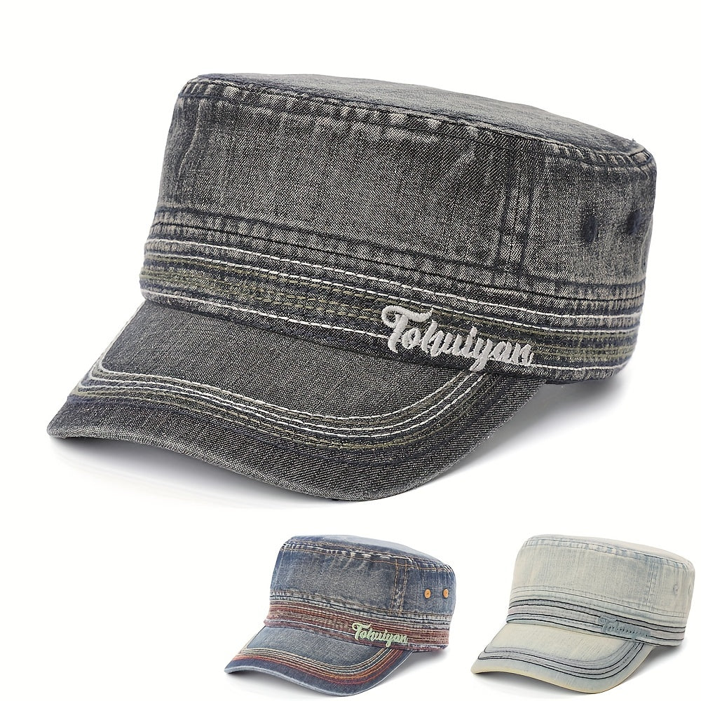 Washed Denim Military Cap Embroidered Army Hat Women Flat Top Cadet Hats