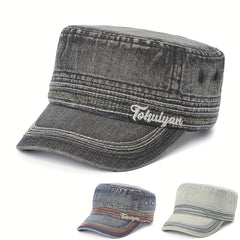 Washed Denim Military Cap Embroidered Army Hat Women Flat Top Cadet Hats