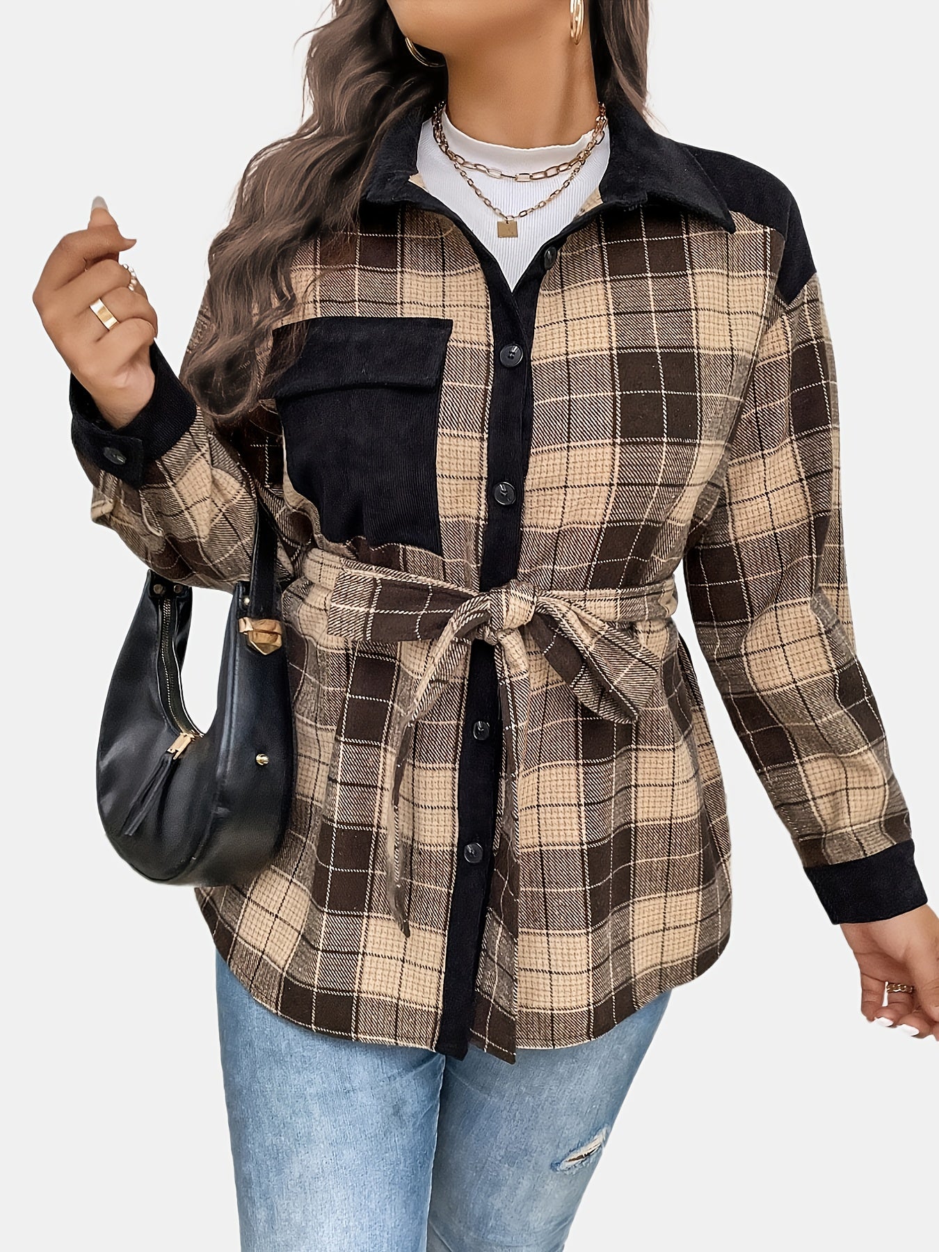 Colorblock Plaid Print Button Up Long Sleeve Shirt Coat