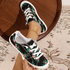 Flower Printed Canvas Lace-up Sneakers Low Top Casual Flat Shoes