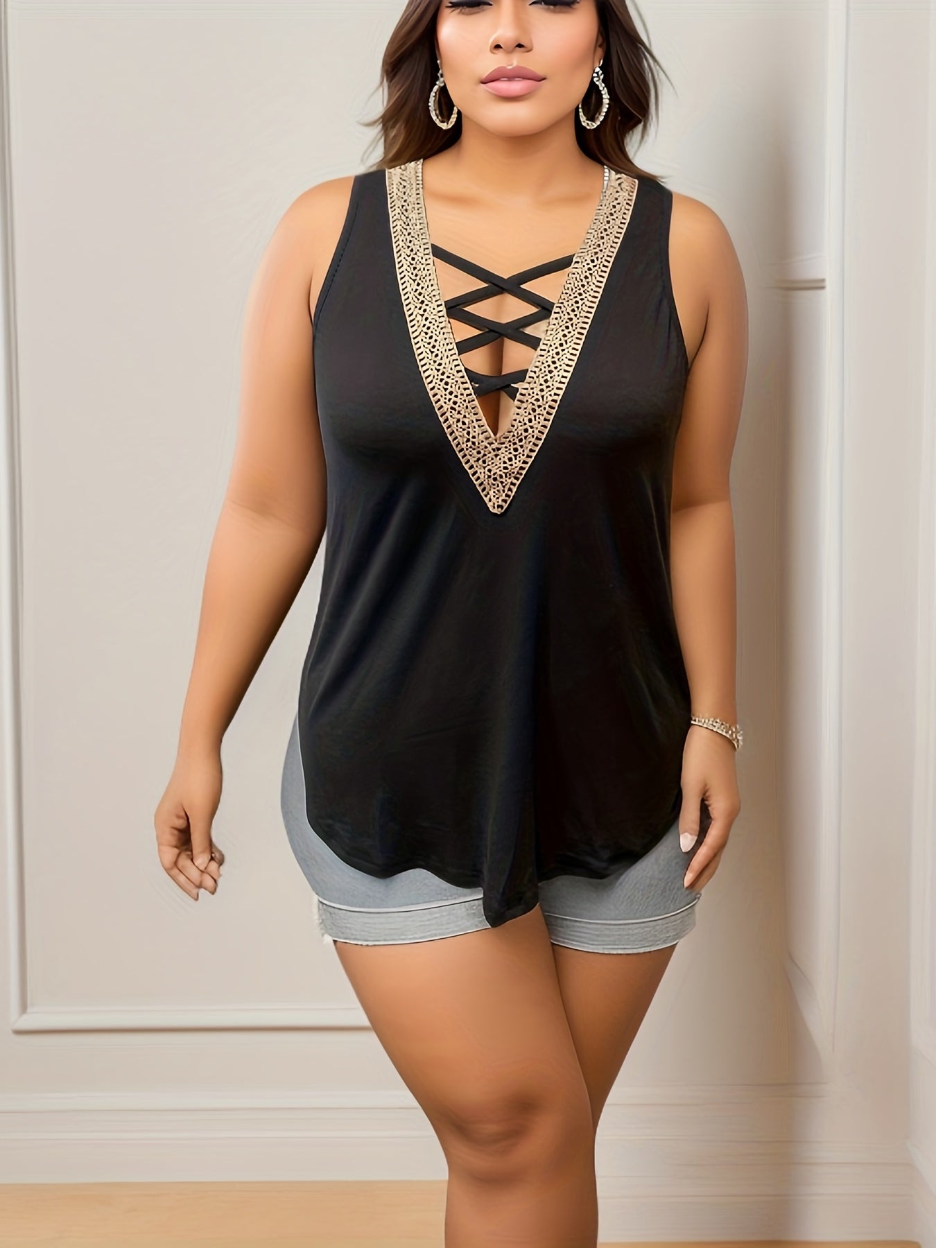 Lace Panel Criss Cross V Neck Tank Top