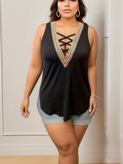 Lace Panel Criss Cross V Neck Tank Top