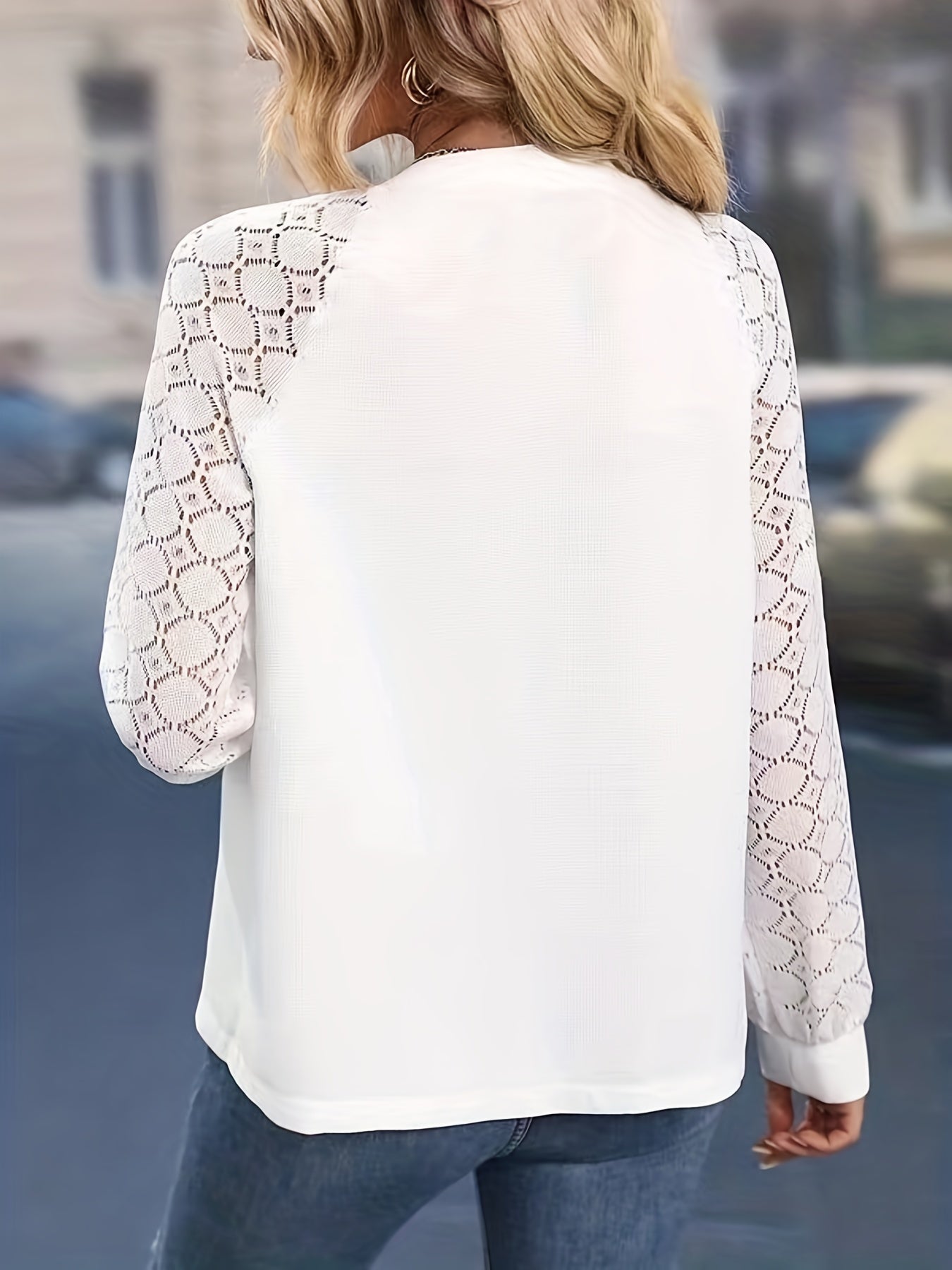 Blouse Contrast Lace Long Sleeve Button Up