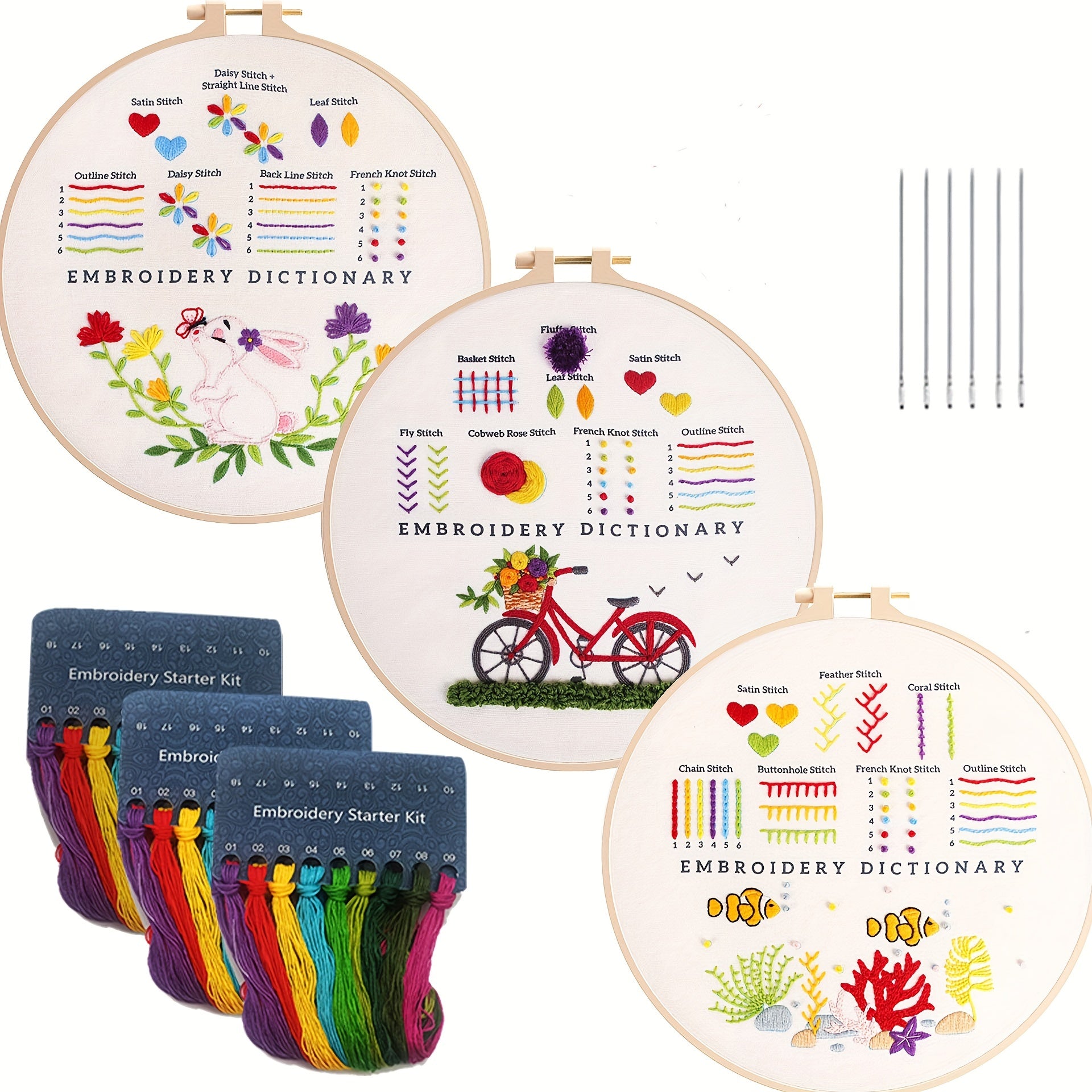 3 Pack Animal Flower Embroidery Kit with Hoop & Instruction