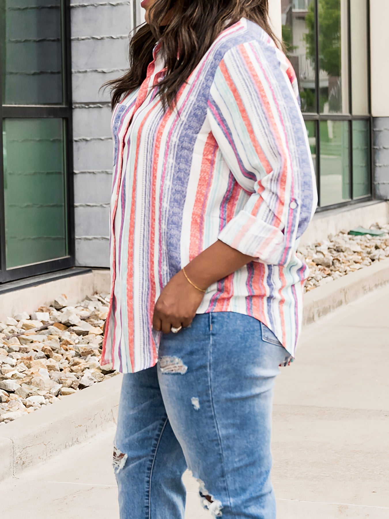Women's Stripe Print Button Up Blouse