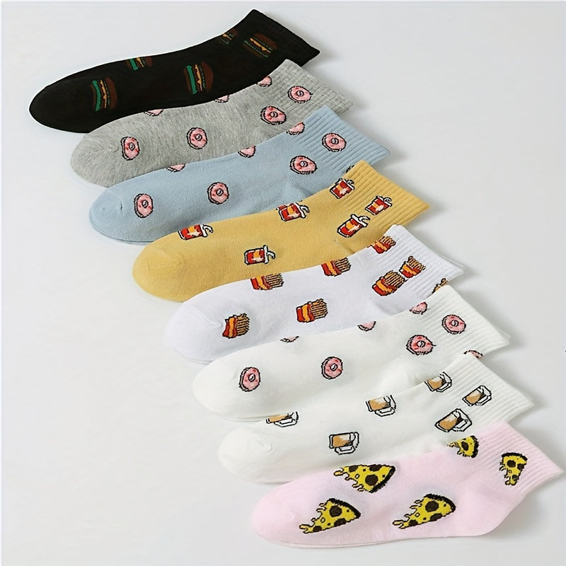 8 Pairs Cartoon Food Print Socks & Funny Crew Short Socks Women's Stockings