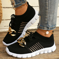 Women's Knit Sports Shoes with Metallic Chain Decor