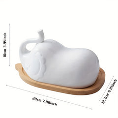 Elephant Shaped Ceramic Butter Dish with Lid and Wooden Saucer