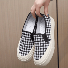 Women's Houndstooth Slip On Canvas Shoes Round Toe Flat Non-slip Casual Shoes
