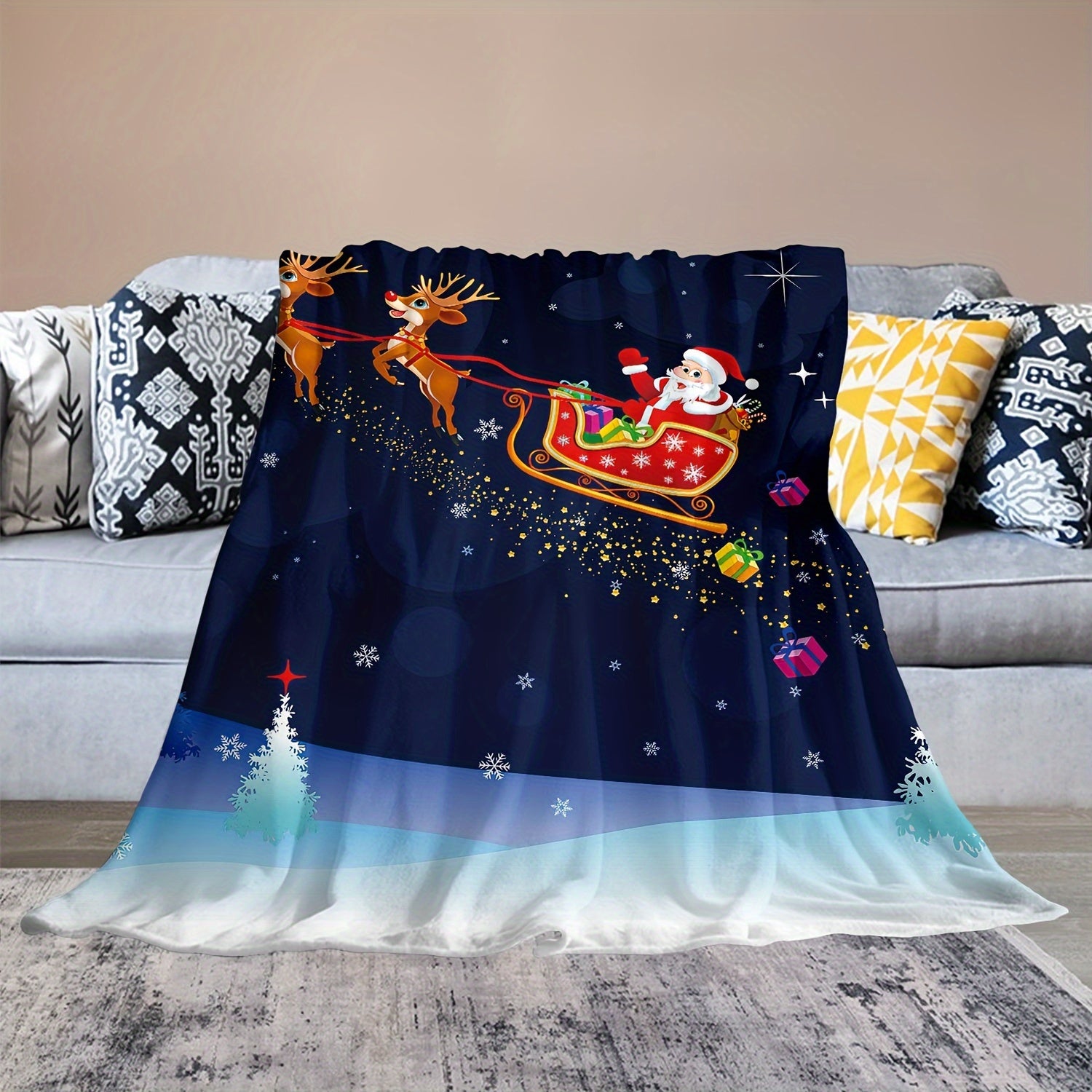Christmas Elk Santa Blanket Soft Winter Warm Blanket for Home Sofa