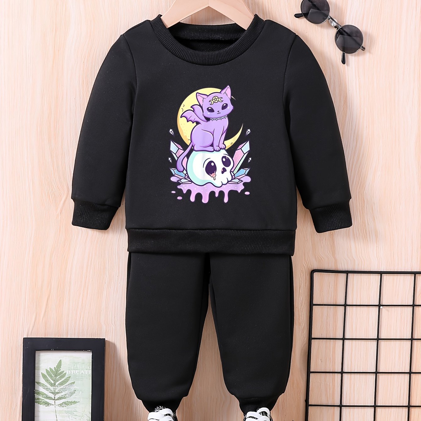 Baby Halloween Outfit Kitten & Moon Graphic Sweatshirt Pants Set