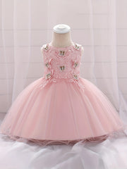 Girls Sleeveless Princess Dress Flower Embroidery Bow Tulle Tutu Dress