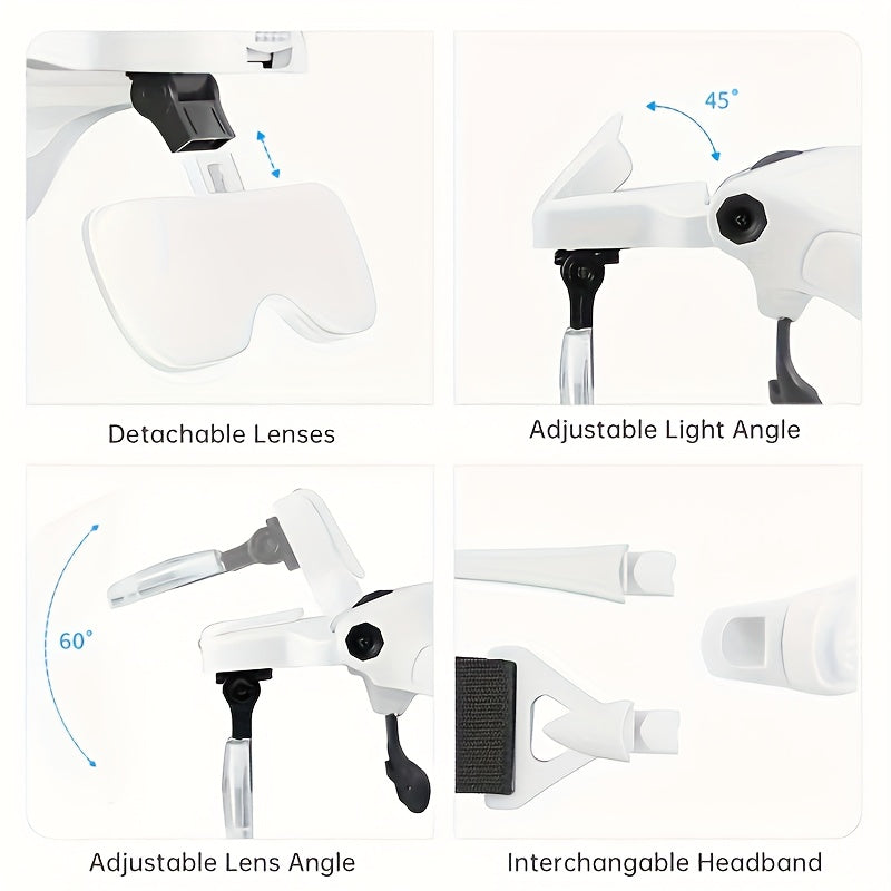 Adjustable 5 Lens Loupe LED Light Headband Magnifier Glass With Lamp