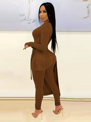 Solid Casual 2pc Set Asymmetrical Knotted Tops & High Waist Pants