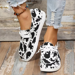 Cow Print Lace Up Sneakers Women's Lightweight Loafers