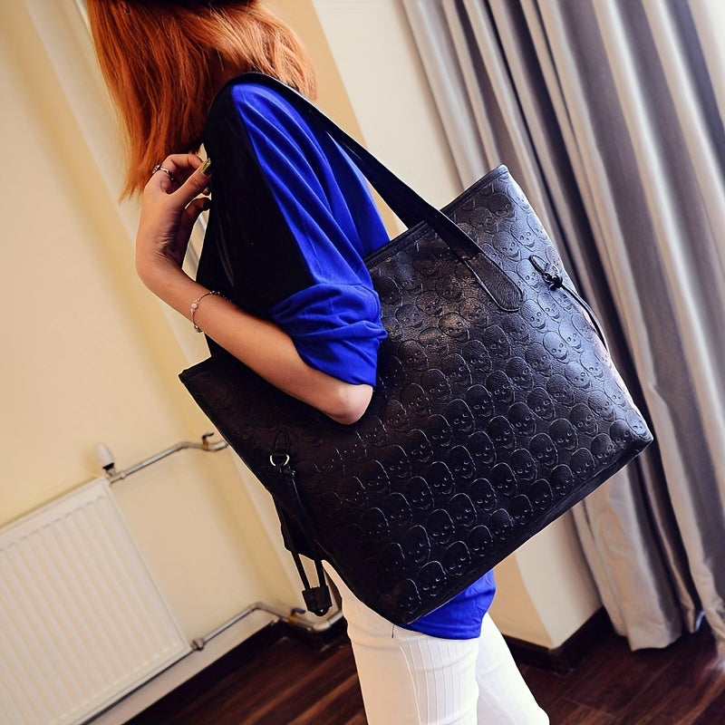 Women's Skull Embossed Tote Bag Large Capacity Shoulder Bag