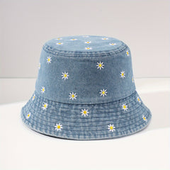 Daisy Embroidery Bucket Hat Distressed Foldable Basin Hat