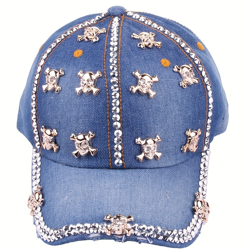 Metal Skull Patch Baseball Cap Distressed Denim Sports Hat