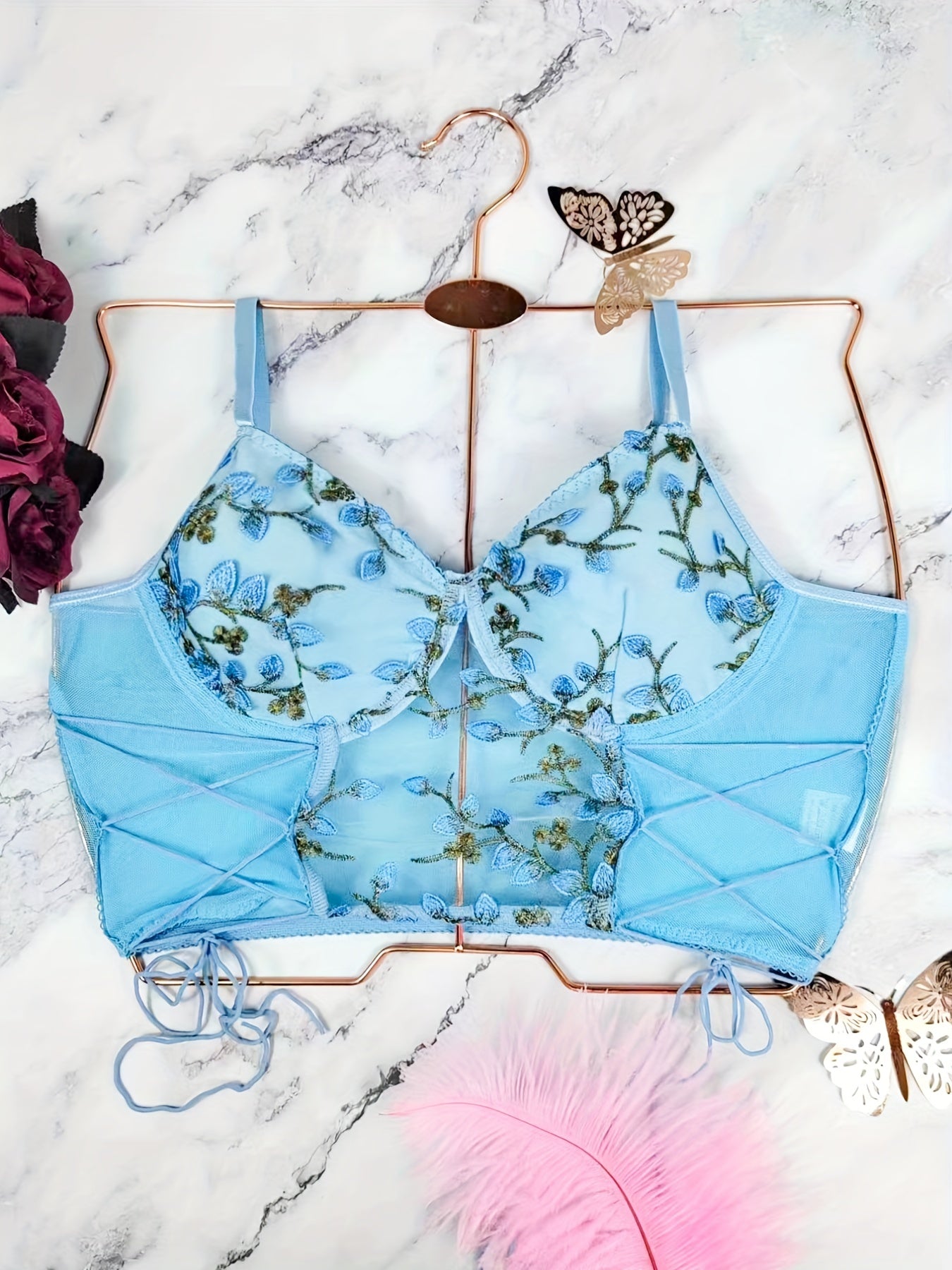 Floral Embroidery Mesh Cami Top Lace-Up Corset Bra Women's Lingerie