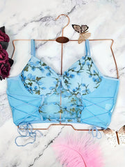 Floral Embroidery Mesh Cami Top Lace-Up Corset Bra Women's Lingerie