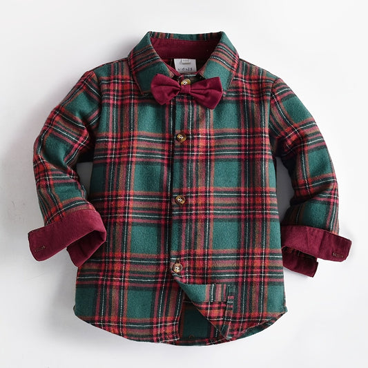 Toddler Boys Plaid Bowtie Shirt Long Sleeve Button Down Top