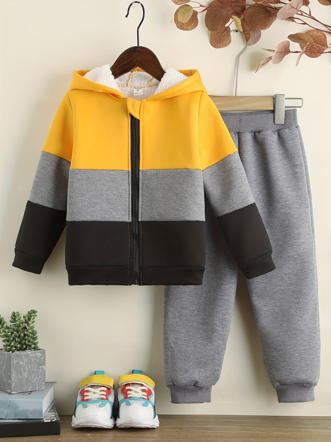 2pcs Boys Casual Block Long Sleeve Zip Up Sweatshirt & Sweatpants Sets